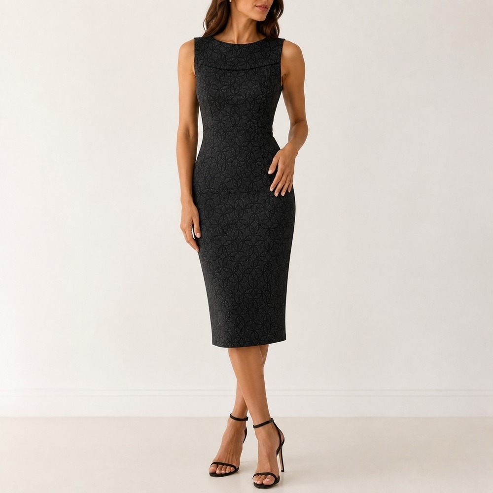 Kay Unger New York Size 10 Black Sheath Midi Sleeveless Lined Textured Jacquard